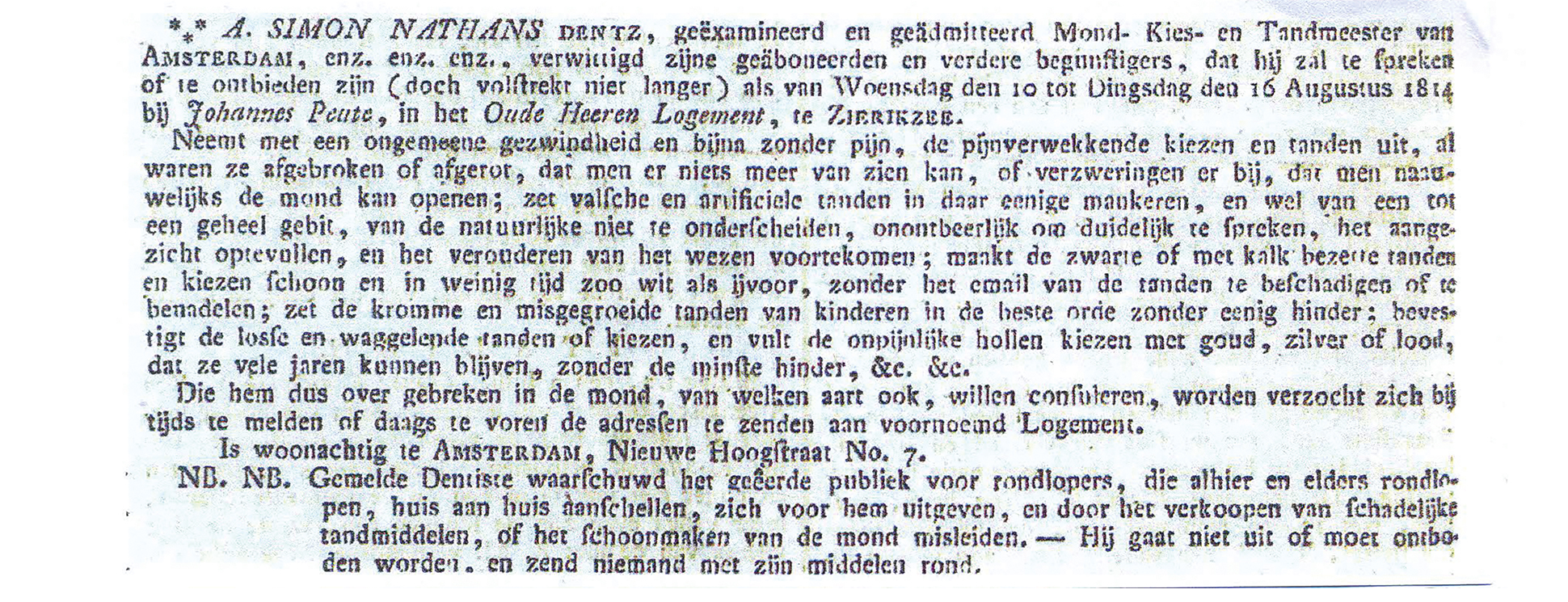 Advertentie Simon Nathan Dentz, Zierikzeesche Courant