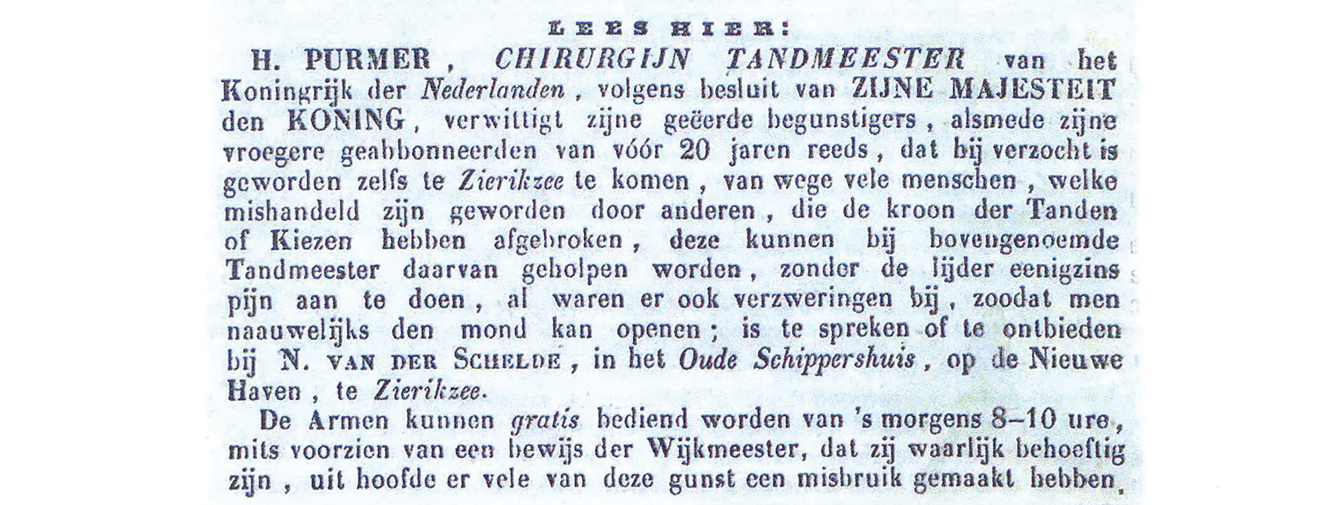 Advertentie van tandmeester Purmer